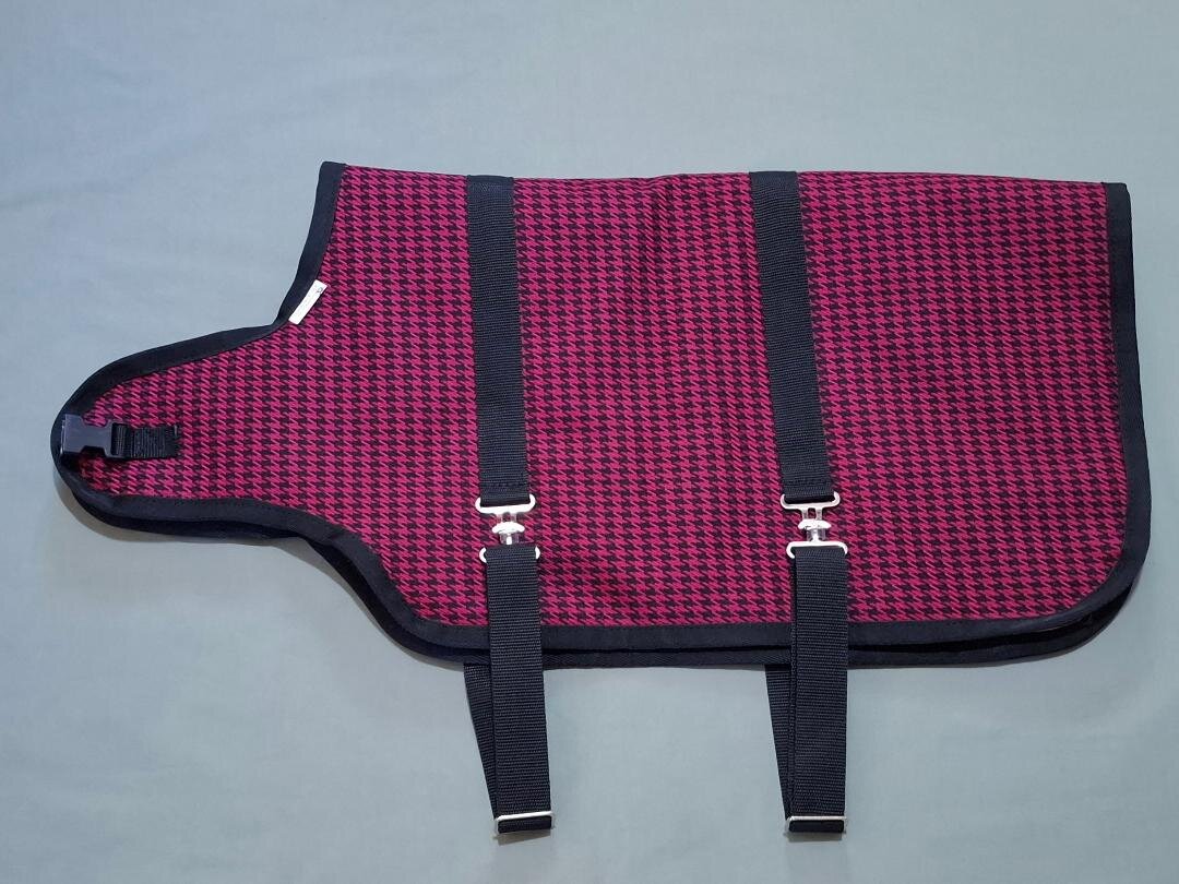 32" Fuchsia Houndstooth Winter Water-Resistant Goat Coat, Silver and Black Sheep Jacket with a Quilted Lining, Doe, Ewe Supplies