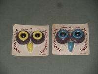 2 Sets Vintage Ceramic Owl Face Eyes Beak Macrame Beads Kit Supply, New Old Stock, Hong Kong Brown, Yellow and Brown, Blue