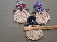 Three Handmade Christmas Gnome Blue Ornaments on a Stick, Made from Vintage Macrame Cord and Cotton Cord, Rustic Style Holiday Decor