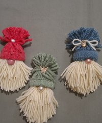 Three Handmade Gnome Yarn Ornaments, Home Decor, Made from Vintage Blue, Green and Red Yarn, Trims, Approx. 5" long.
