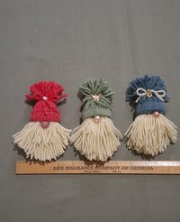 Three Handmade Gnome Yarn Ornaments, Home Decor, Made from Vintage Blue, Green and Red Yarn, Trims, Approx. 5" long.