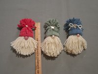 Three Handmade Gnome Yarn Ornaments, Home Decor, Made from Vintage Blue, Green and Red Yarn, Trims, Approx. 5" long.