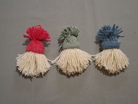 Three Handmade Gnome Yarn Ornaments, Home Decor, Made from Vintage Blue, Green and Red Yarn, Trims, Approx. 5" long.