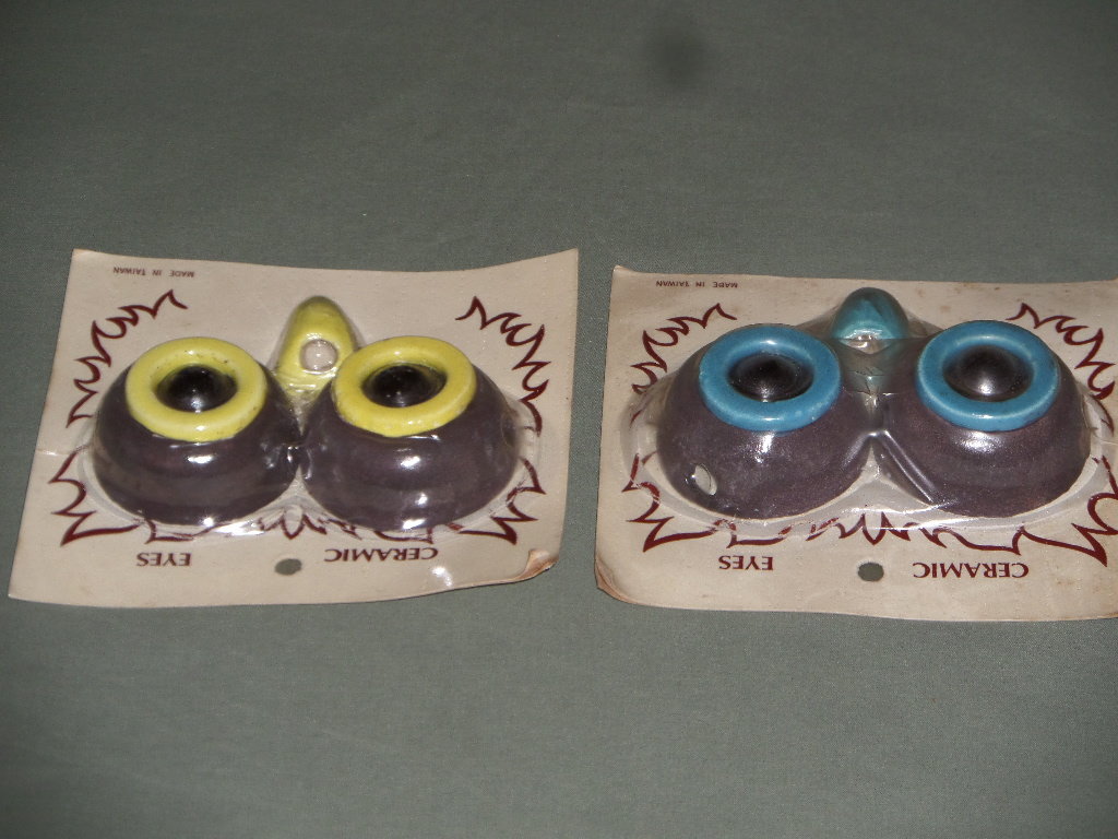 2 Sets Vintage Ceramic Owl Face Eyes Beak Macrame Beads Kit Supply, New Old Stock, Hong Kong Brown, Yellow and Brown, Blue