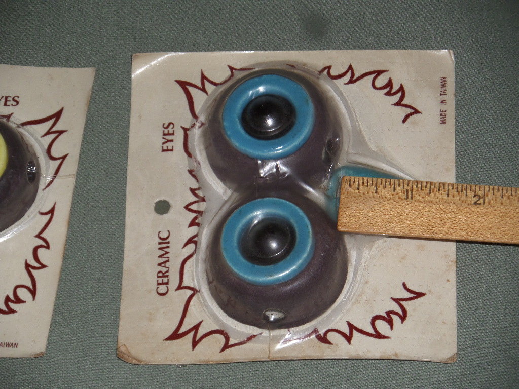 2 Sets Vintage Ceramic Owl Face Eyes Beak Macrame Beads Kit Supply, New Old Stock, Hong Kong Brown, Yellow and Brown, Blue