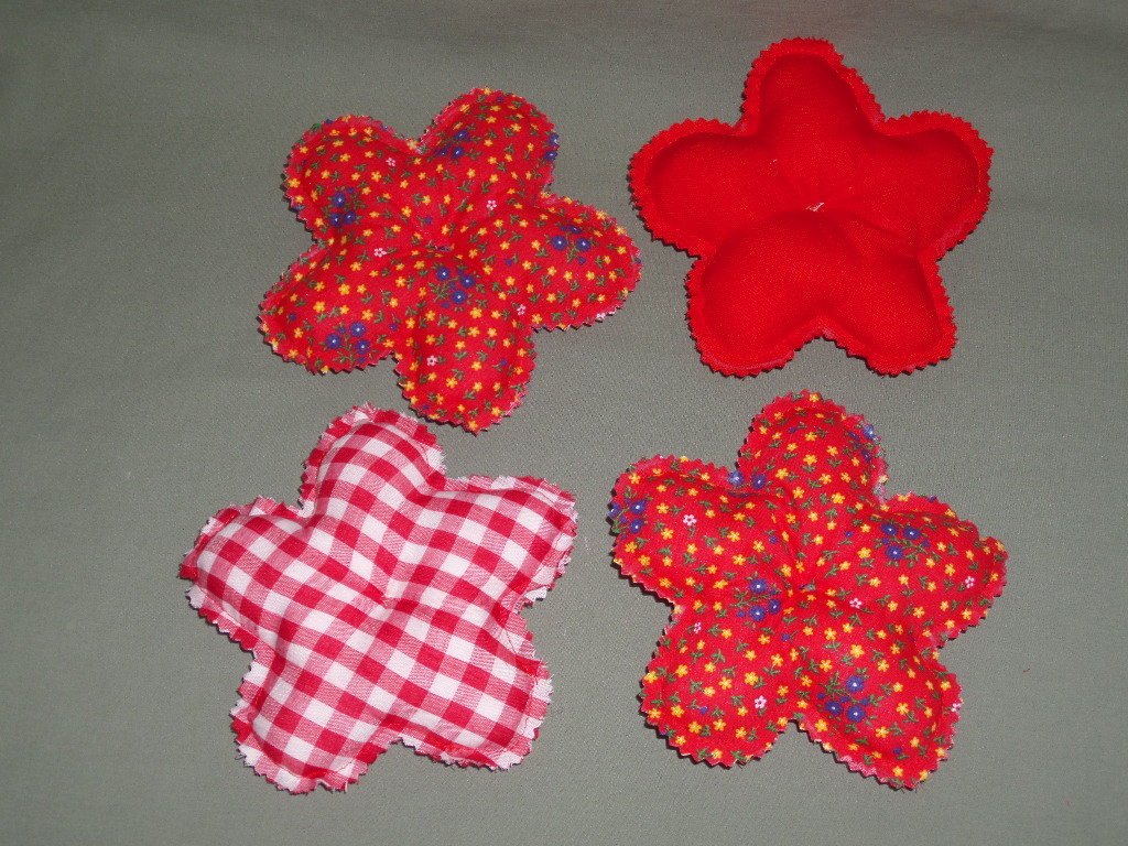 4 Handmade 5" Bowl Fillers Red Fabric Flowers, Floral Wreath Accents, Farm Cabin Kitchen Decor, Birthday Gift