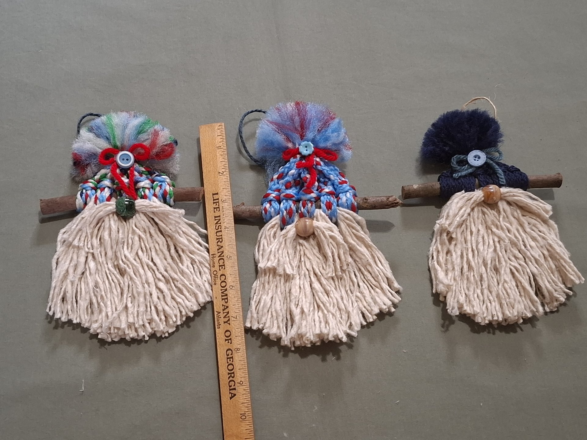 Three Handmade Christmas Gnome Blue Ornaments on a Stick, Made from Vintage Macrame Cord and Cotton Cord, Rustic Style Holiday Decor