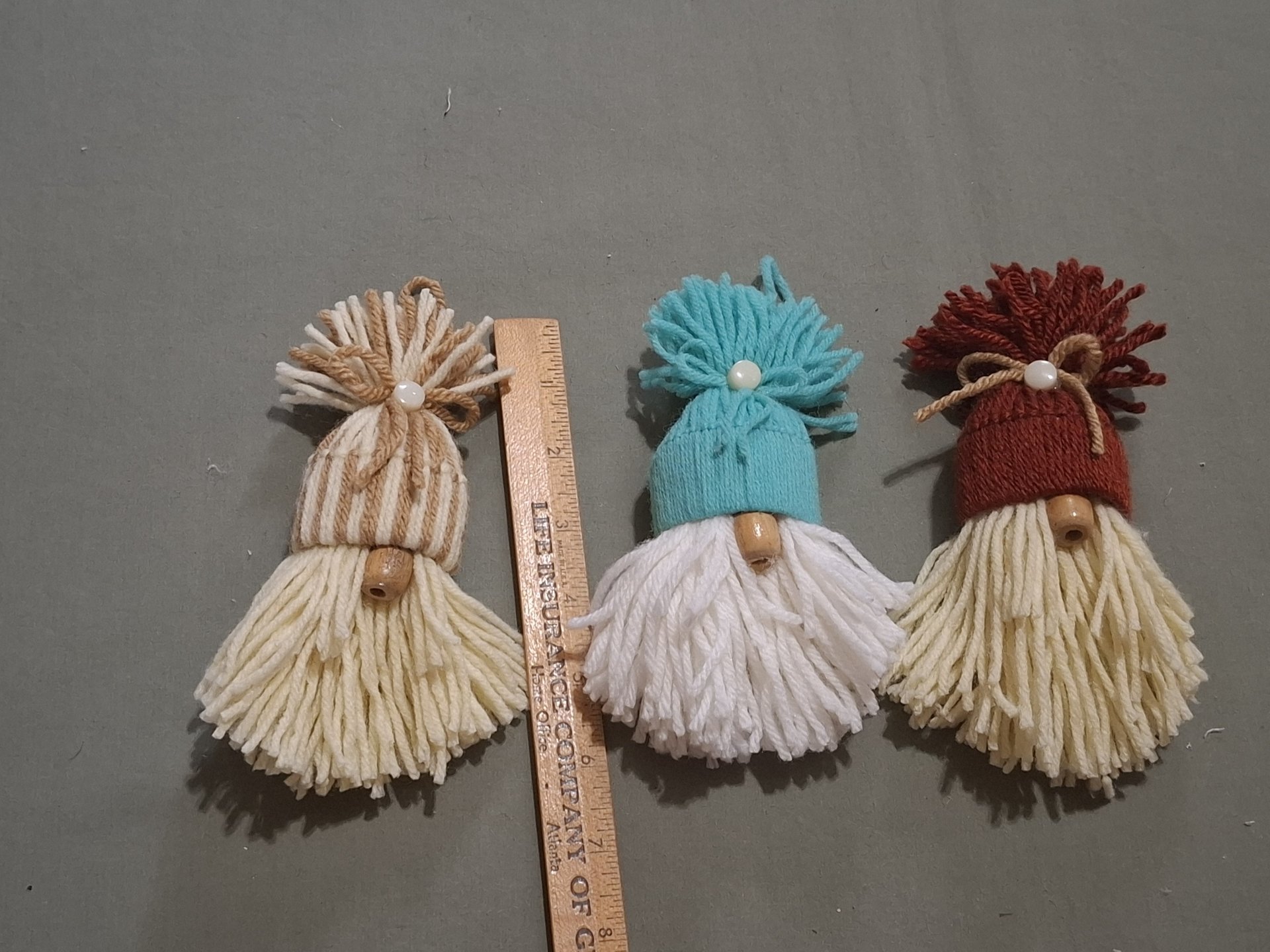Three Handmade Gnome Yarn Ornaments, Home Decor Made from Vintage Yarn, Trims