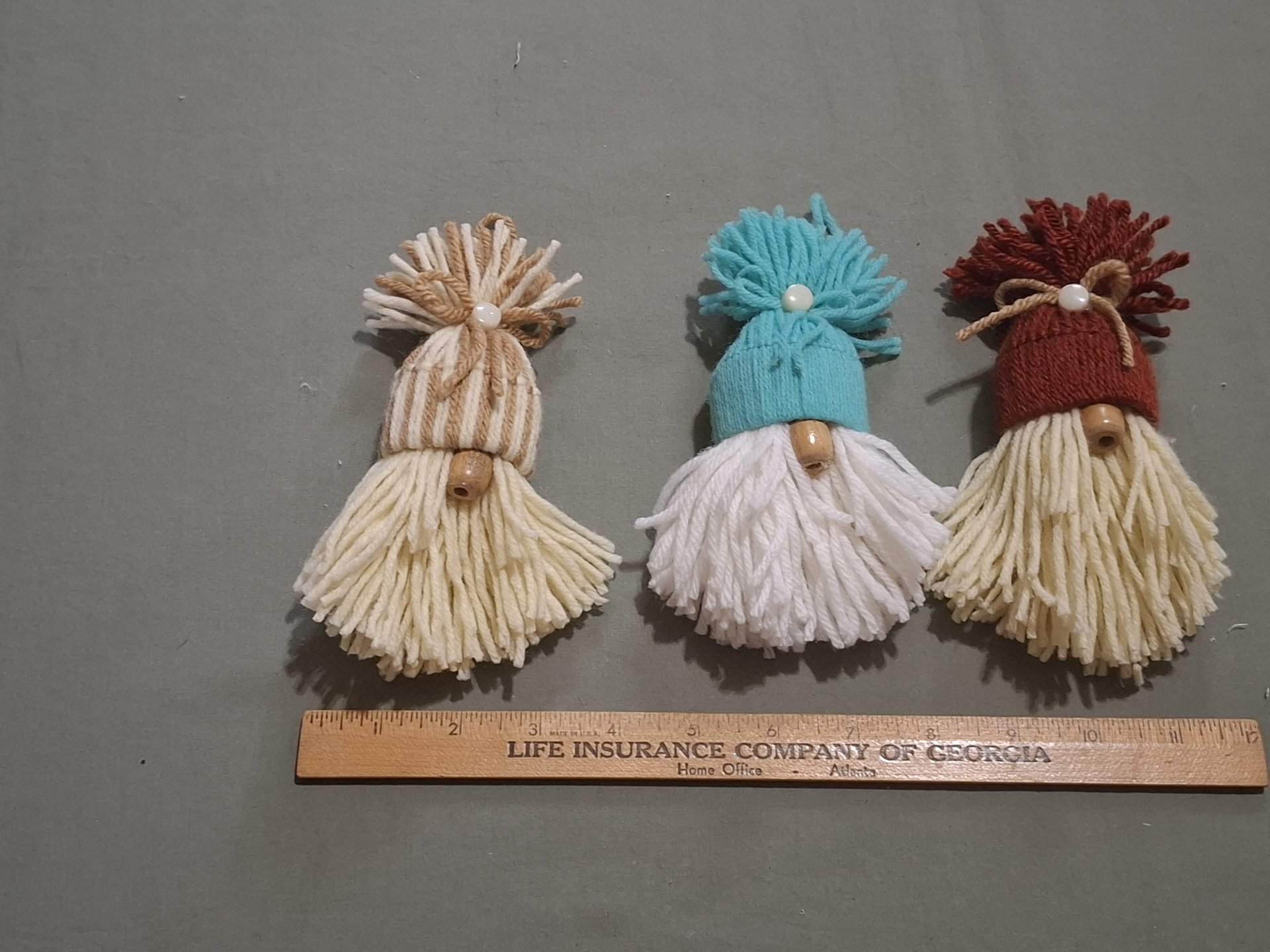 Three Handmade Gnome Yarn Ornaments, Home Decor Made from Vintage Yarn, Trims