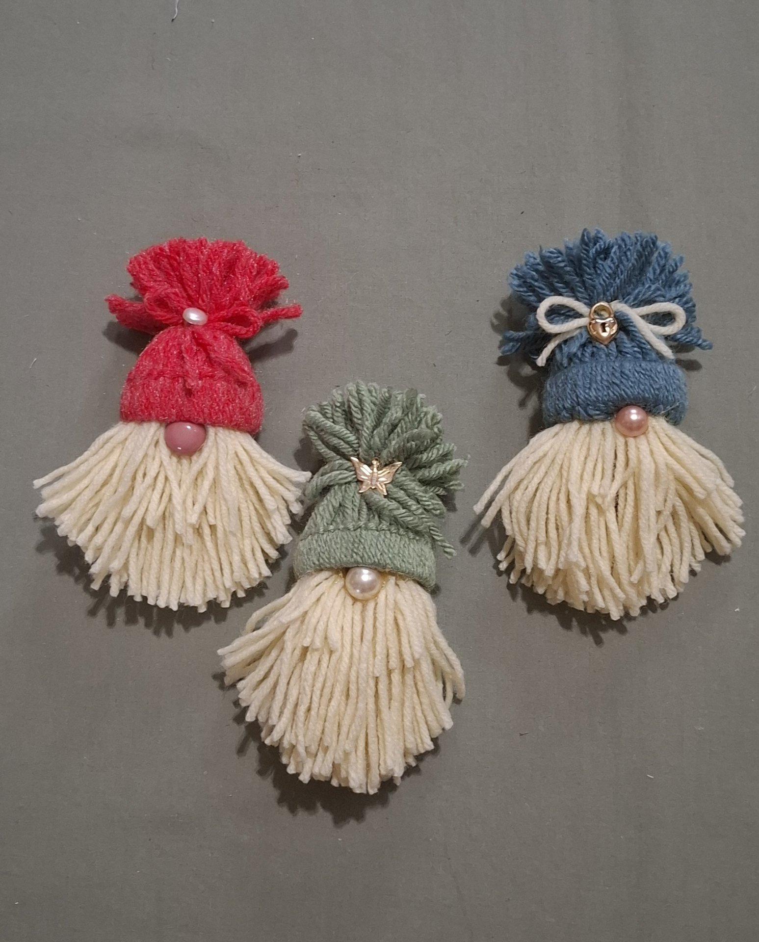 Three Handmade Gnome Yarn Ornaments, Home Decor, Made from Vintage Blue, Green and Red Yarn, Trims, Approx. 5" long.