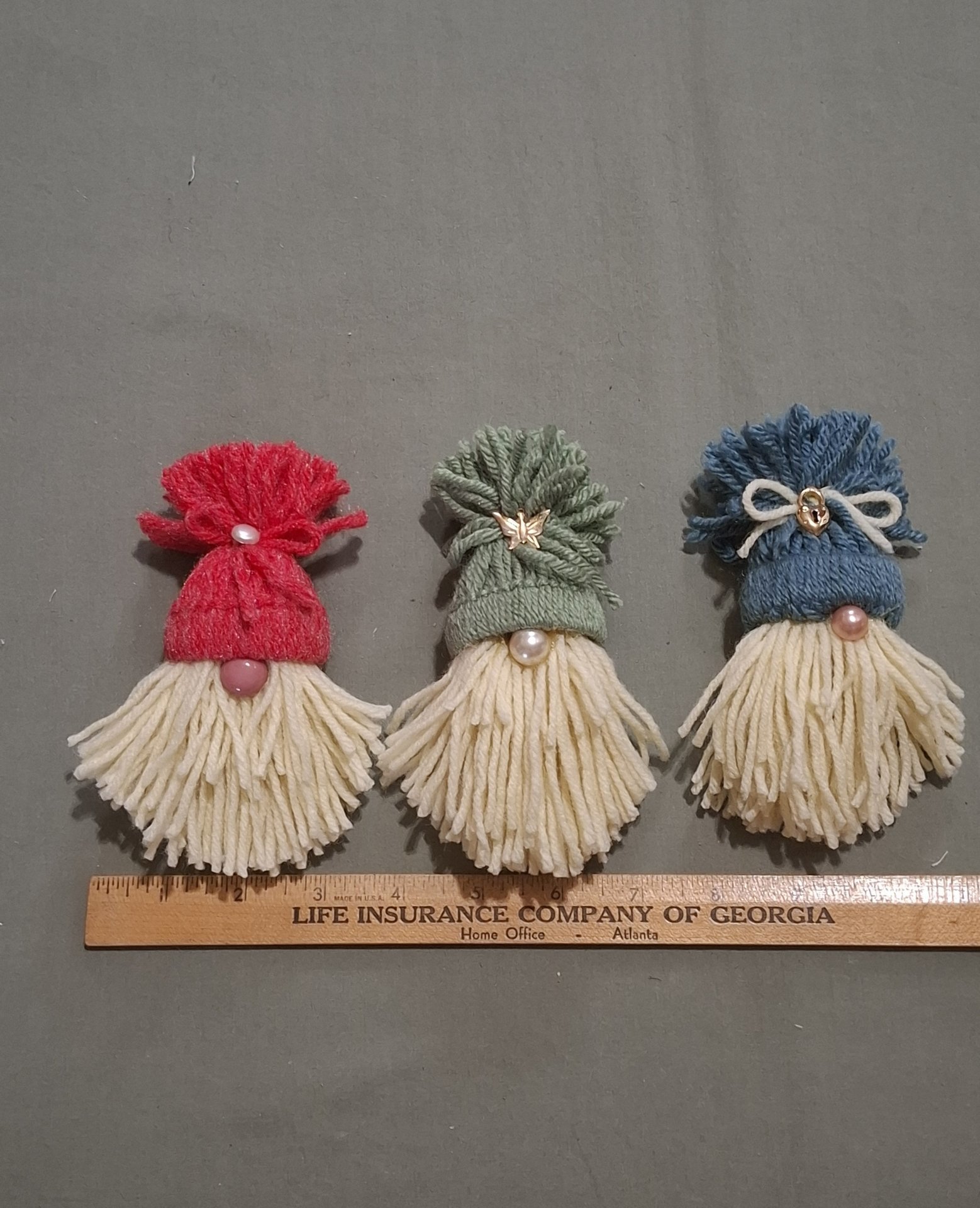 Three Handmade Gnome Yarn Ornaments, Home Decor, Made from Vintage Blue, Green and Red Yarn, Trims, Approx. 5" long.