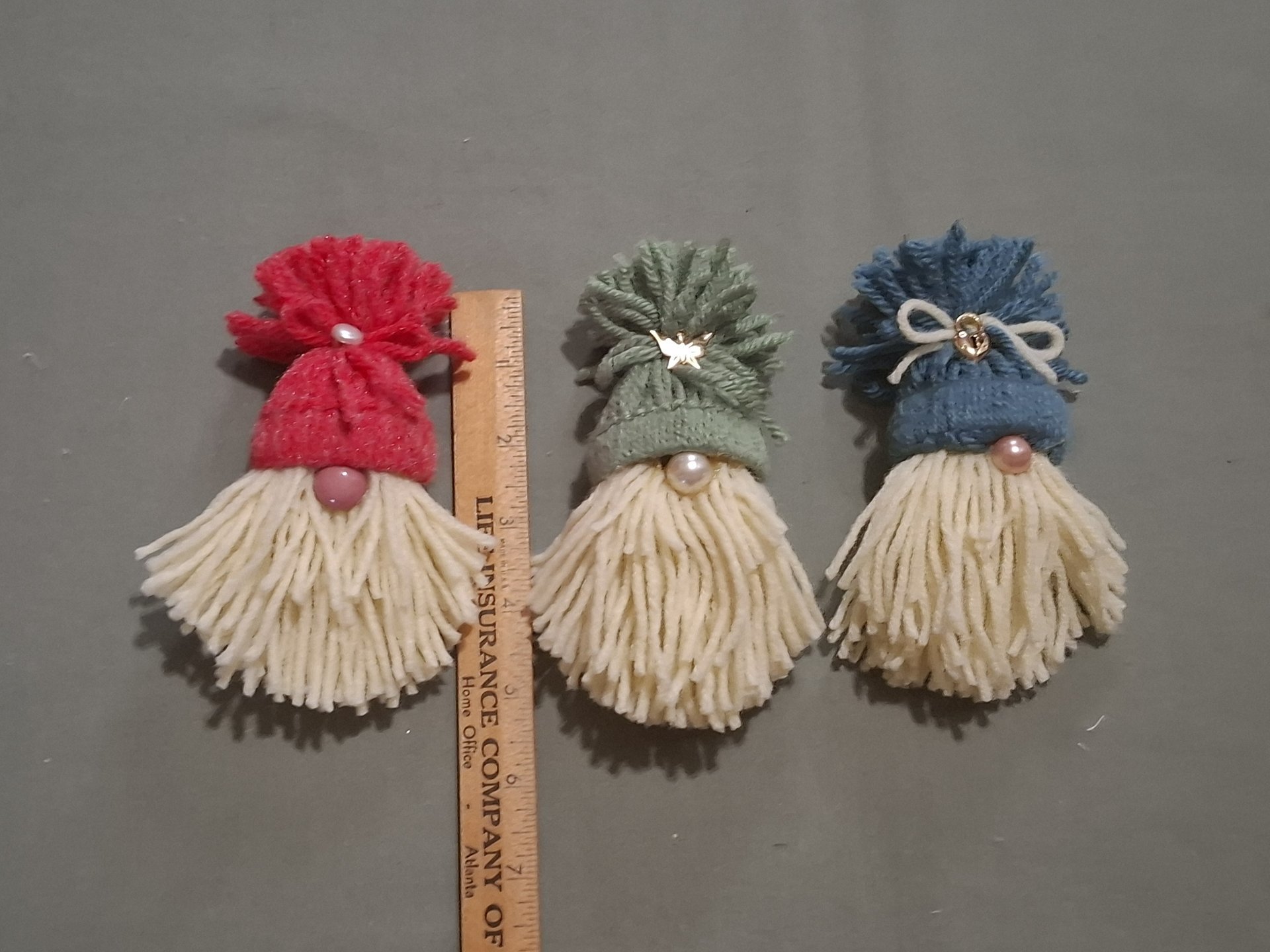 Three Handmade Gnome Yarn Ornaments, Home Decor, Made from Vintage Blue, Green and Red Yarn, Trims, Approx. 5" long.