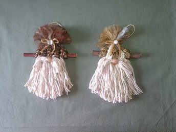 Two Handmade Fall Gnome Ornaments on a Stick, Made from Vintage Macrame Cord and Cotton Cord, Rustic Style Farm Cabin Decor