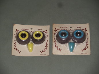 2 Sets Vintage Ceramic Owl Face Eyes Beak Macrame Beads Kit Supply, New Old Stock, Hong Kong Brown, Yellow and Brown, Blue