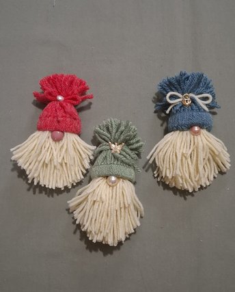 Three Handmade Gnome Yarn Ornaments, Home Decor, Made from Vintage Blue, Green and Red Yarn, Trims, Approx. 5" long.